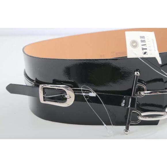 Vintage Set of 2 Black Patent Leather Wide Belts Silver Studded Chain Punk M 85 - Picture 9 of 16